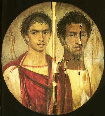 Circular wooden painting of two curly-haired young men, separated by a pale strip, with cracks and losses across the right figure.
