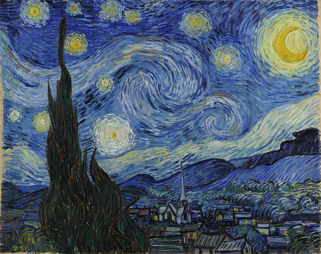 Van Gogh’s The Starry Night: a dark cypress and village beneath a swirling blue sky with bright stars and a yellow crescent Moon.