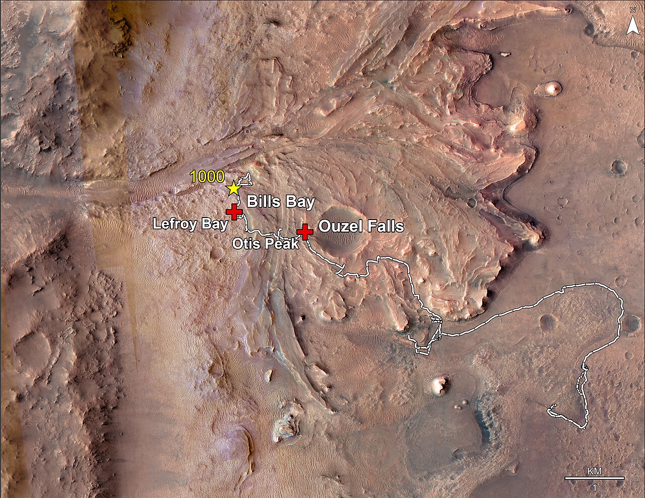 Annotated orbital view of Jezero Crater showing Perseverance’s route and the labeled Bills Bay, Ouzel Falls, Lefroy Bay, and Otis Peak sites.